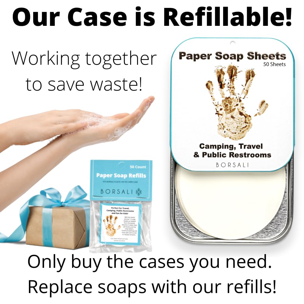 BORSALI Paper Soap Sheets - for Travel - Portable Dissolvable Dry Soap for Camping, Travel, Public Restrooms, 4 Cases with 50 Sheets Each & 4-50 Piece RefillsTo Go