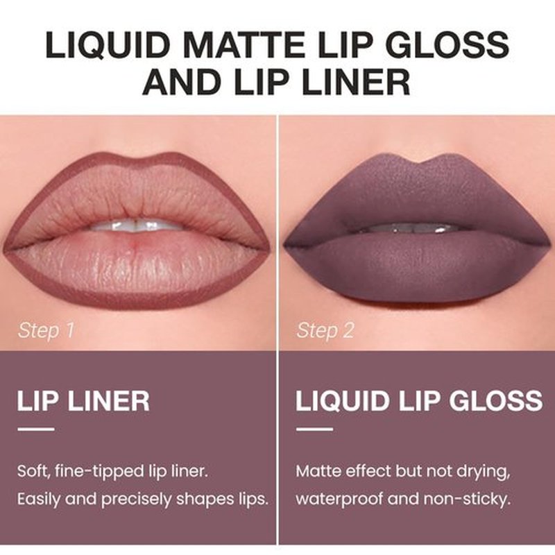 JUAAZIN 2pcs Light Maroon Matte Lip Liner and Lipstick Makeup Set, Vegan Lipstick Lip Liner and Gloss Set Lip Stain Long Lasting Waterproof Smudge-Proof Properties Non-stick Cup(Light Maroon 01#)