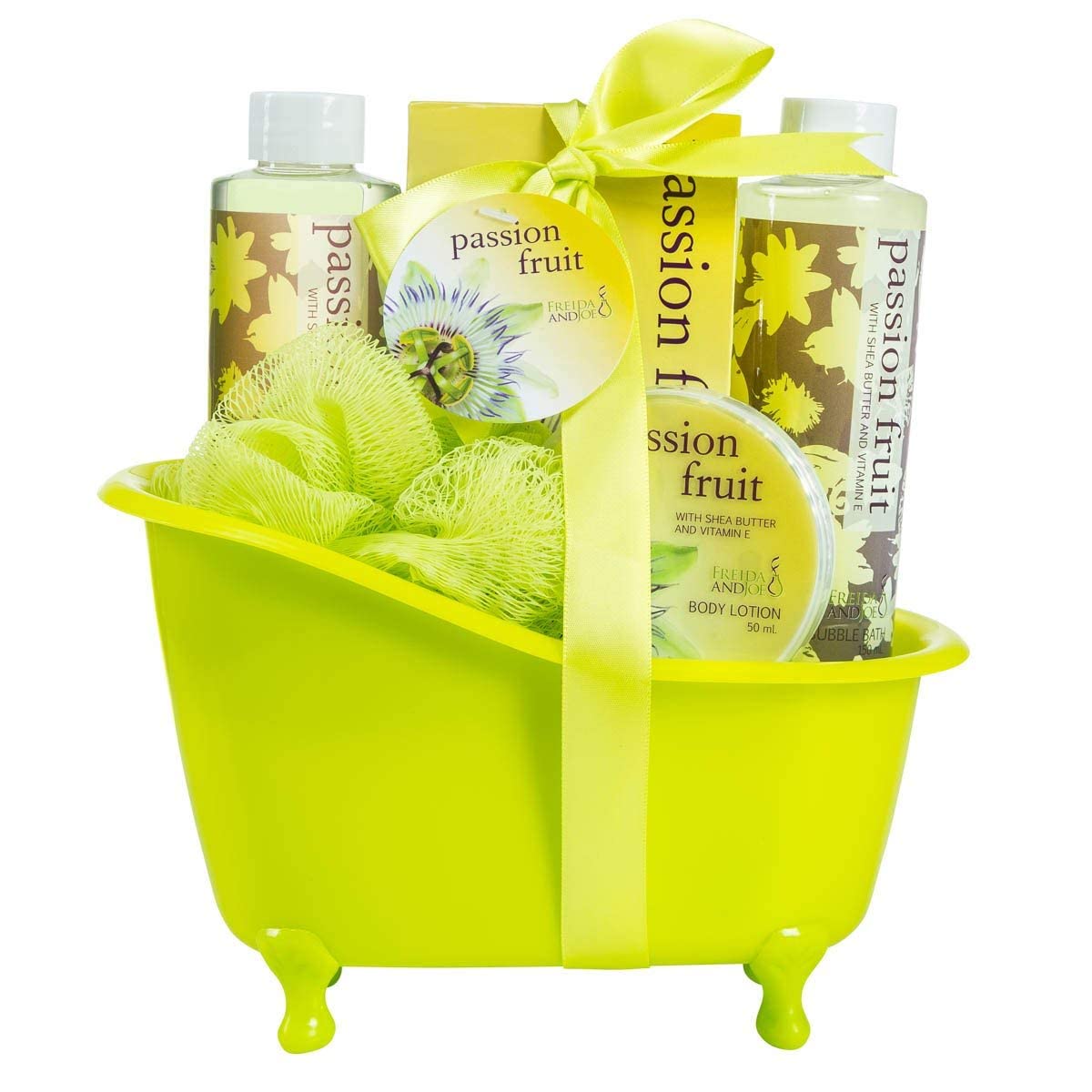 Home Spa Bath Basket Passion Fruit Fragrance Bath & Body Set For Women Contains Shower Gel, Bubble Bath, Body Lotion, Bath Salt in Green Tub Gift – Mother's Day Gift for Mom