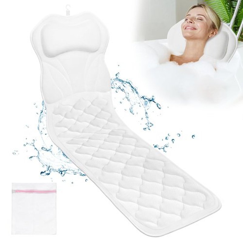 Full Body Bath Pillow Luxury Tub Pillow for Body Support 5D Air Mesh Fabric and 16 Non-Slip Suction Cups, Bath Pillows for Tub Spa Gifts for Women, Easy Clean, Perfect for Relaxing Baths(51" x 17")