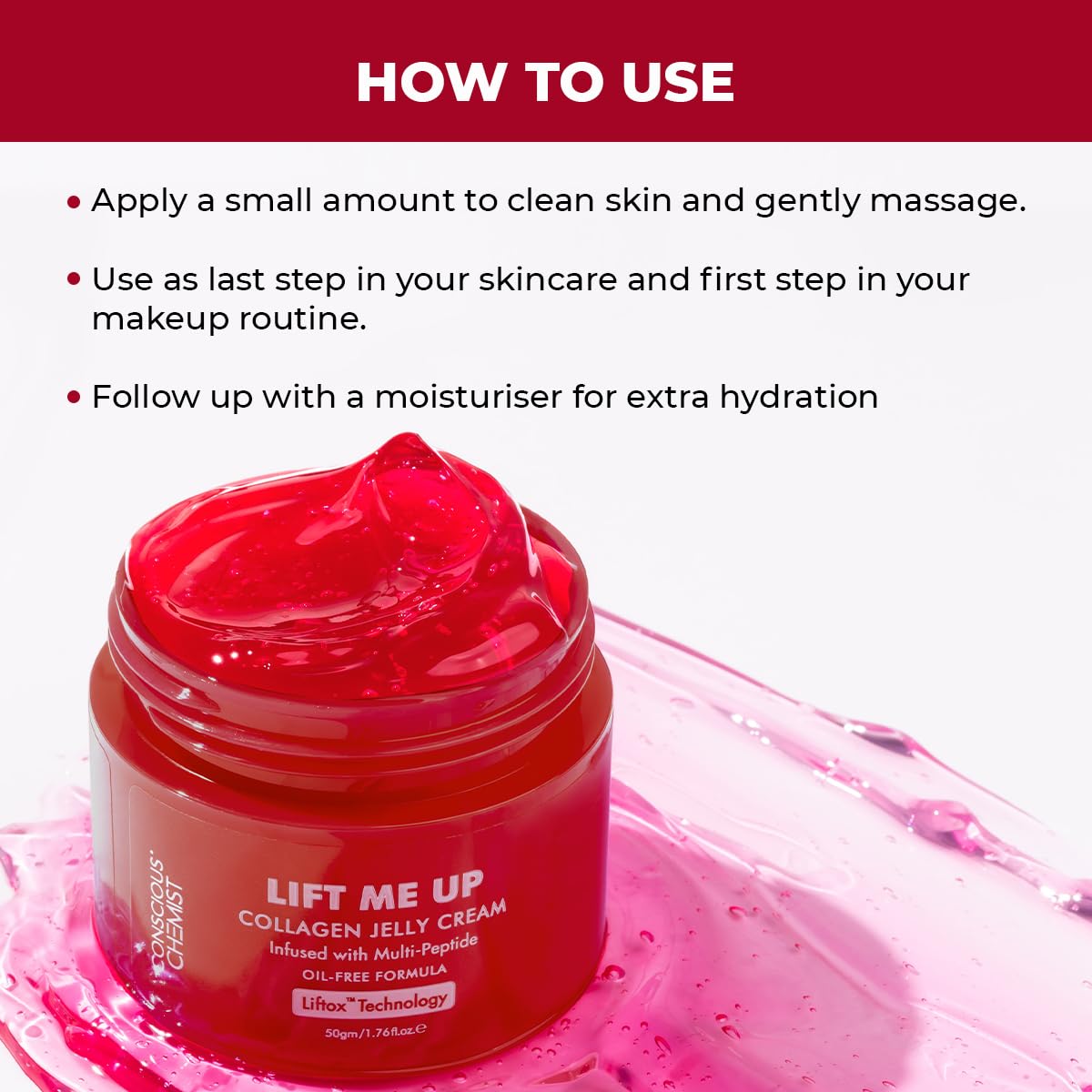 Conscious Chemist Collagen Jelly Face Cream Niacinamide & Hydrolyzed Collagen Powered by 6 peptides & Liftox technology Sagging, Fine lines & Dullness Anti-Aging Moisturizer 50 ml (Pack of 1) Red