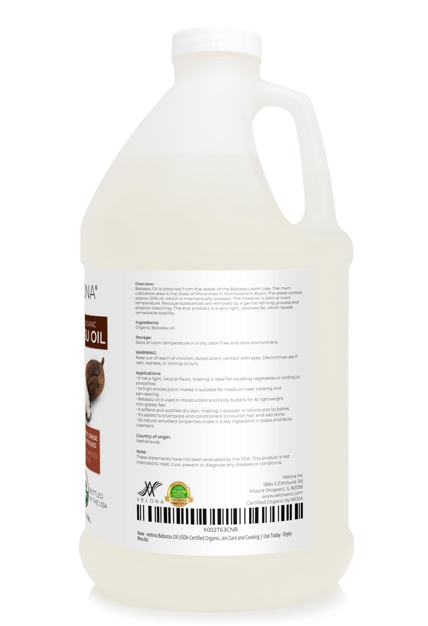 velona USDA Organic Babassu Oil - 1 Gallon / 128 fl oz, Cold Pressed