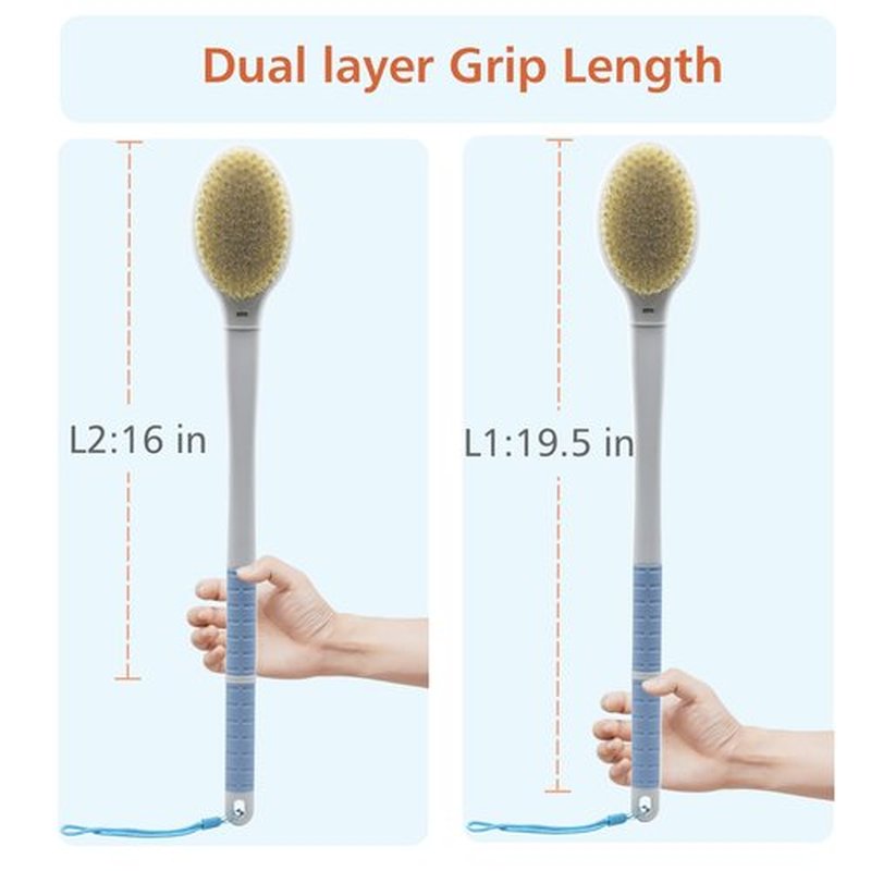 Shower Brush with Soft and Stiff Bristles,20.5" Extra Long Handle Dual-Sided Back Scrubber Bath Brush Body Exfoliator for Wet or Dry Brushing (Grey)(Super Long Handle)