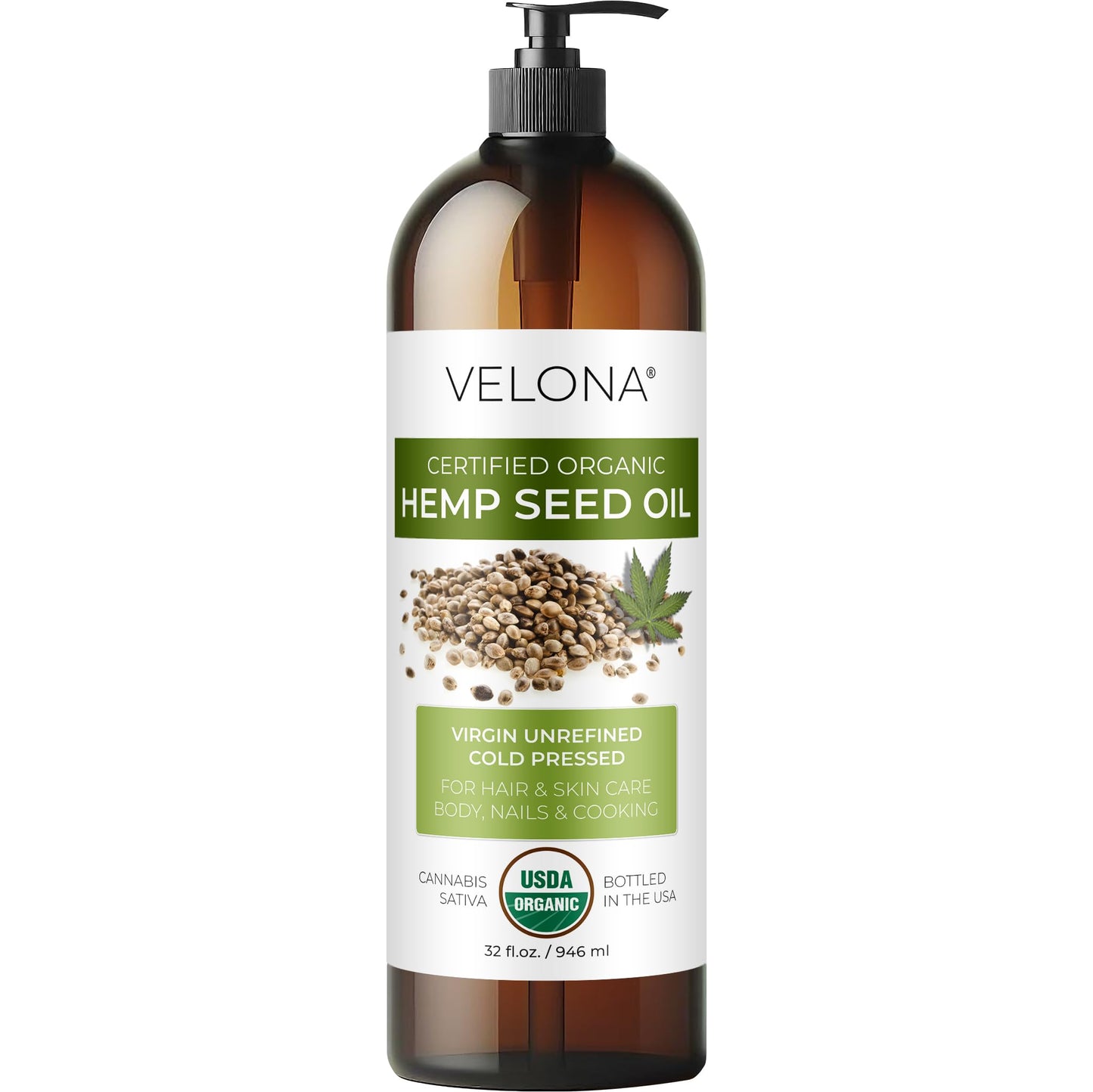 velona USDA Organic Hemp Seed Oil - 32 fl oz, Cold Pressed, with Pump