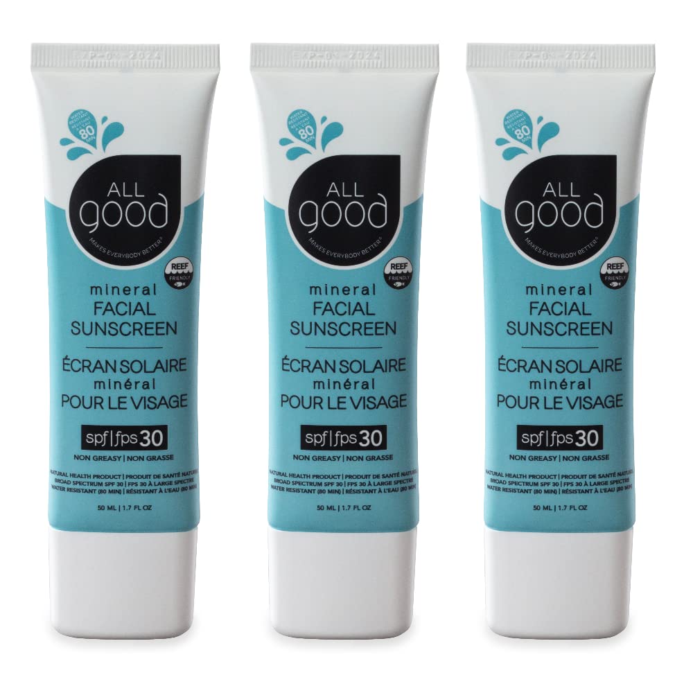 All Good Facial Mineral Sunscreen Lotion SPF 30 | Daily Face Moisturizer, Nourishing Botanicals, Hyaluronic Acid, Green Tea, Aloe, Calendula, Raspberry Seed Oil | 1.7oz (3-Pack)