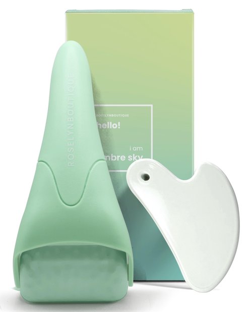 ROSELYNBOUTIQUE Ice Roller for Face Wrinkles Fine Lines Puffiness Stick Massager Facial Skin Care Tools Self Care Gifts for Men Women (Green & Guasha)
