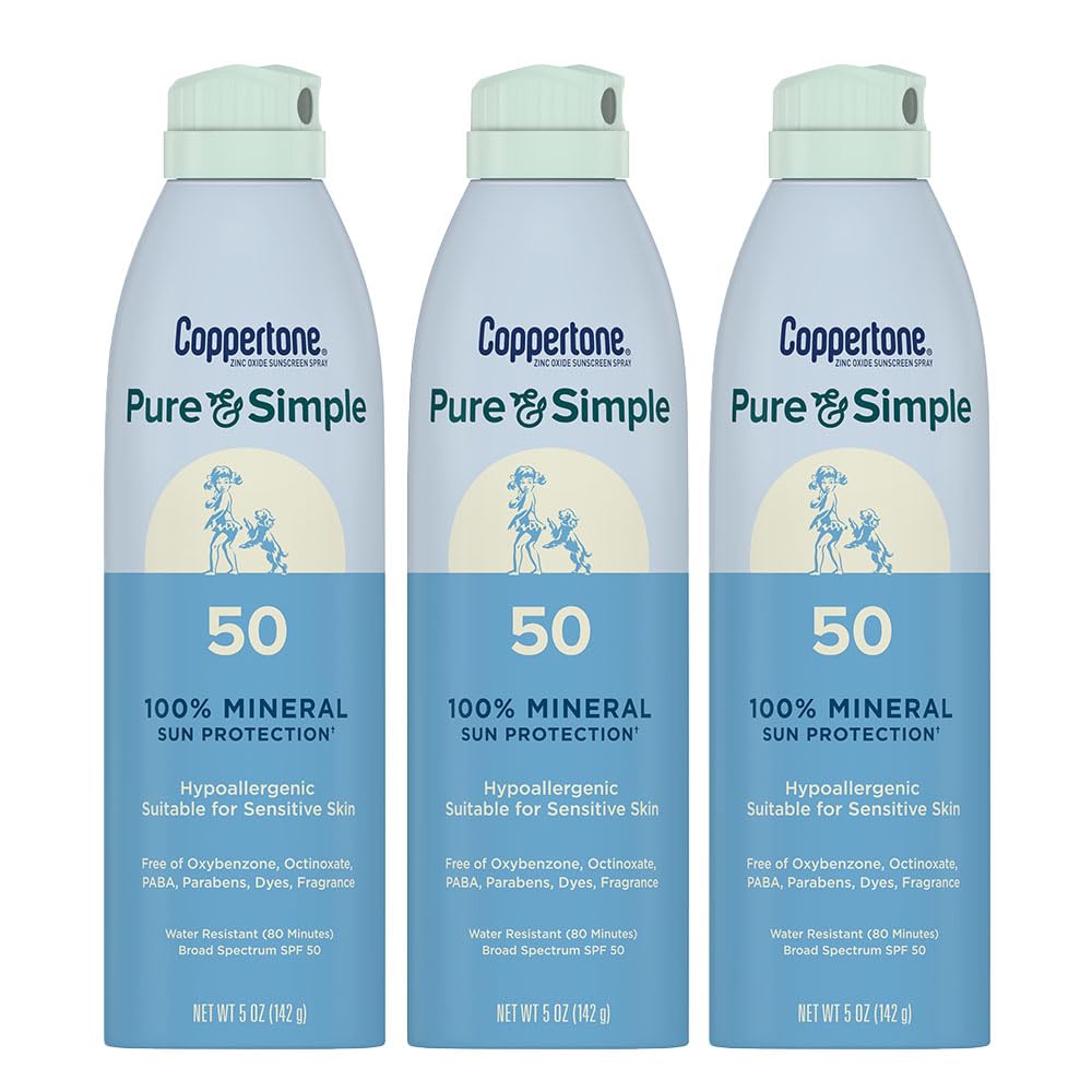 Coppertone Pure and Simple Zinc Oxide Mineral Sunscreen Spray SPF 50, Water Resistant Sunscreen for Sensitive Skin, Hypoallergenic and Fragrance Free, 5 Oz Can, Pack of 3