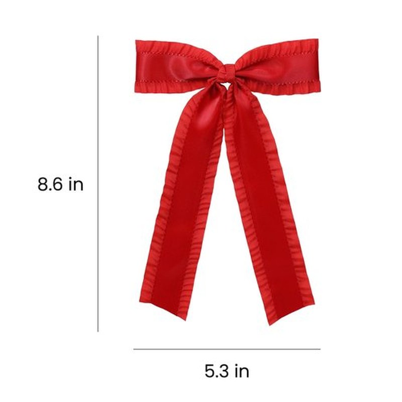 2PCS Hair Bows for Women Girls, Silky Satin Ruffle Tassel Hair Ribbon Bowknot Hair Clips Barrettes Hair Accessories for Girl with Long Tail Set Red,Dark Green 5.5inch