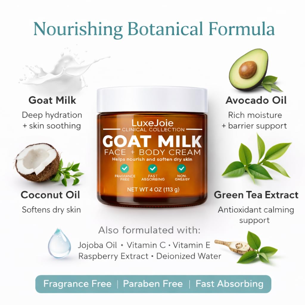 LuxeJoie Goat Milk Face Cream Fragrance Free Moisturizer for Dry & Sensitive Skin Fast Absorbing Non Greasy Hydration Gentle Goat Milk Face & Body Lotion with Shea Butter 16 oz