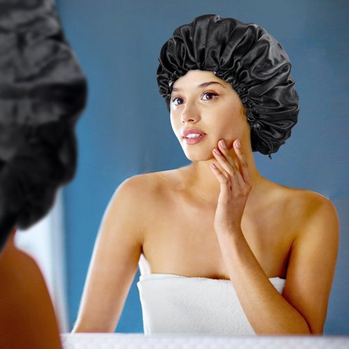 Satin Bonnet Silk Bonnet for Curly Hair Bonnet Braid Bonnet for Sleeping Bonnets for Women Large Double-Layer Adjustable(Black&Blue Zircon)