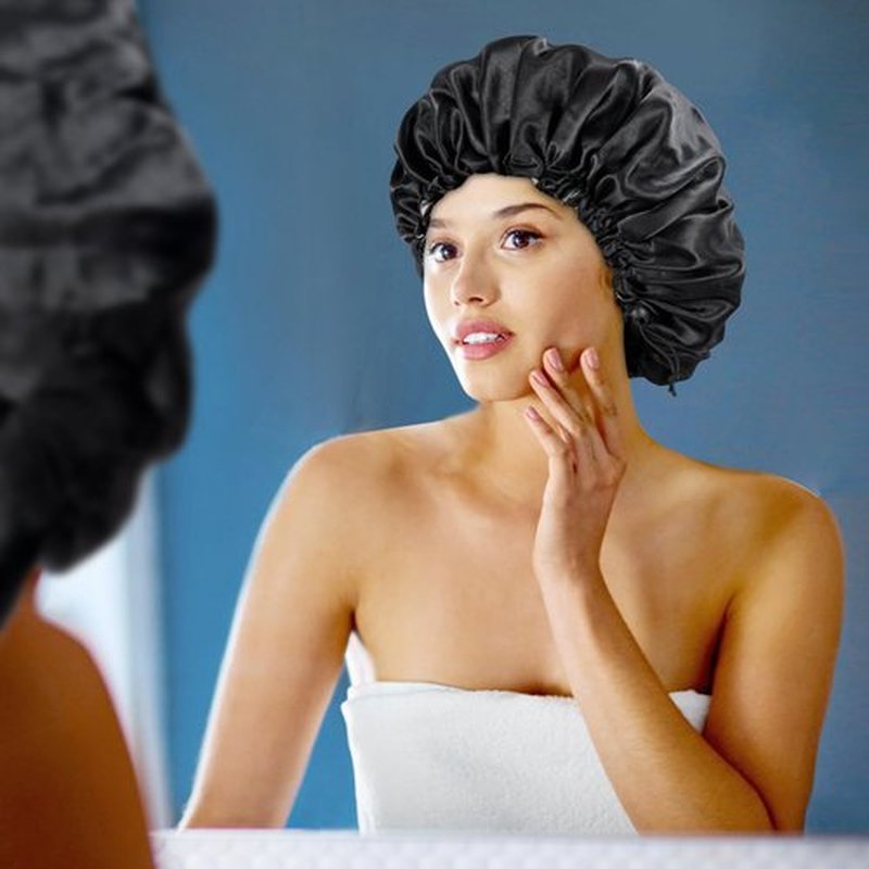 Satin Bonnet Silk Bonnet for Curly Hair Bonnet Braid Bonnet for Sleeping Bonnets for Women Large Double-Layer Adjustable(Black&Pink)