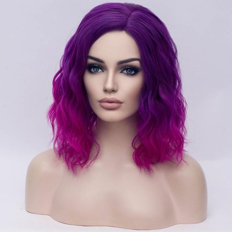 BERON Purple Ombre Wigs for Womens Short Curly Wavy Girls Wig Dark Roots Purple Shoulder Length Hair Wig with Heat Resistant Synthetic Cosplay or Daily Used Wigs