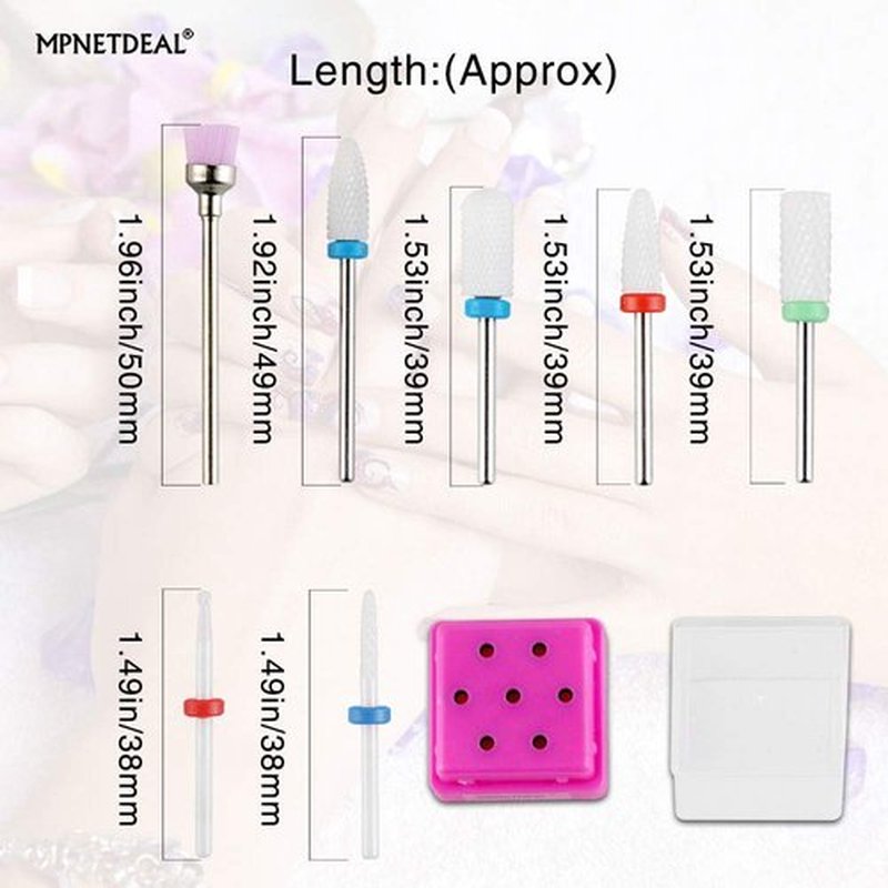 MPNETDEAL Ceramic Nail Drill Bits Set 7Pcs, Durable Less Dust, 3/32 inch for Acrylic Gel Nails Cuticle Manicure, Professional Acrylic Nail File Drill Bit