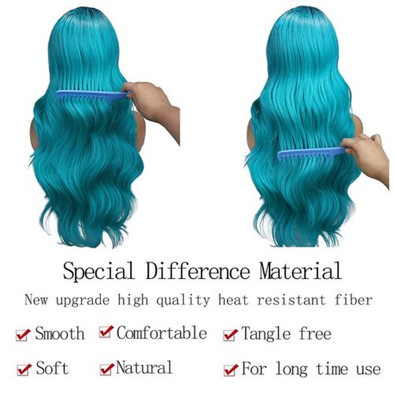 Fancy Hair Ombre Wig Bluish Light Blue Wigs Long Curly Wavy Hair Wigs 2 Tones Dark Roots Synthetic Teal Daily Party Cosplay Wigs for Women