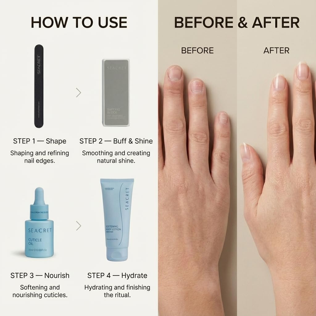 SEACRET Nail Care Collection – Dead Sea Mineral Manicure Kit with Nail File, 3-Way Buffer, Cuticle Oil, Body Lotion for DIY Home Manicure & Pedicure, Buffer Nail File, Nail Buffer, Nail Care Kit