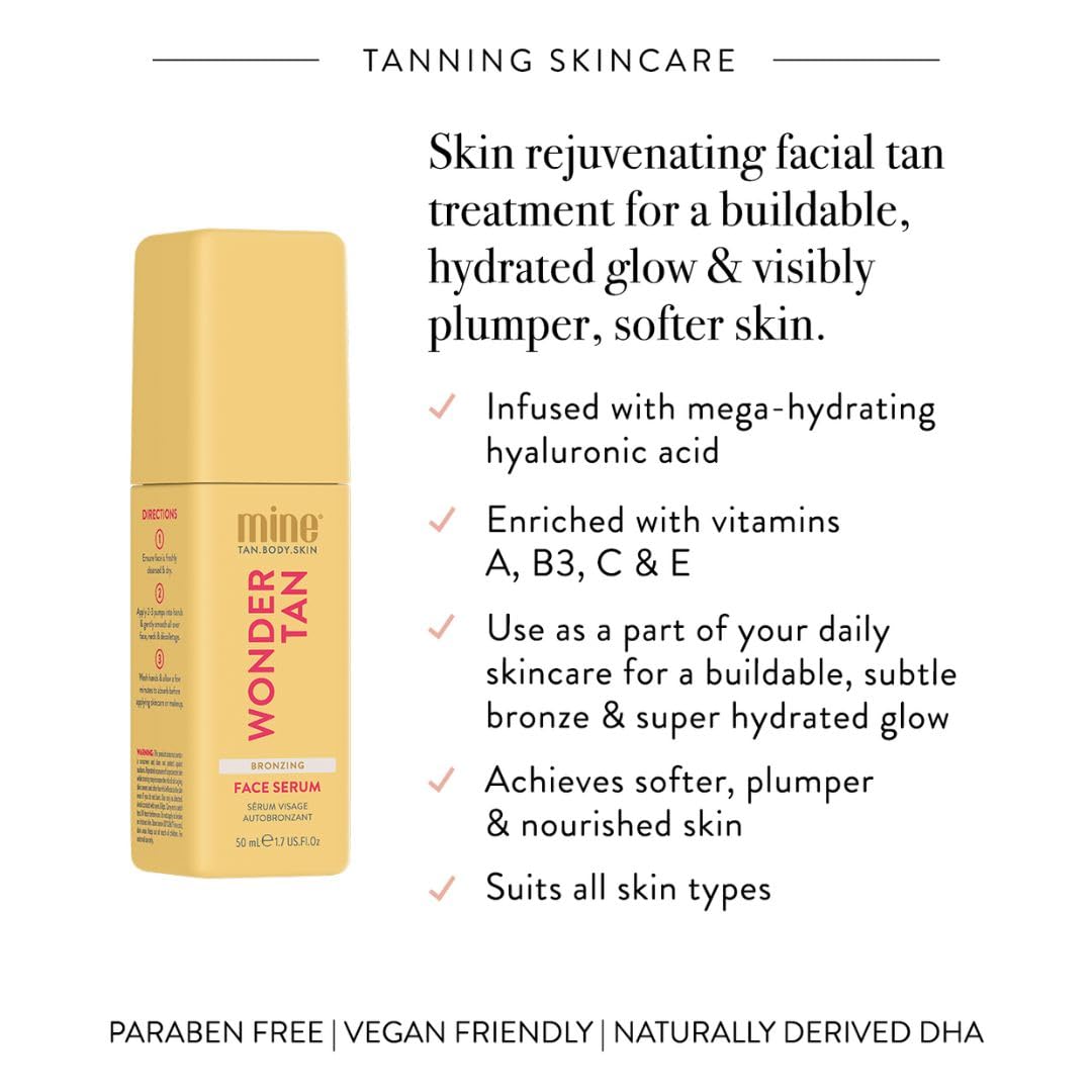 Minetan Facial Self Tanning Drops | Wonder Tan Serum- Clear Gradual Face Tan Cream, Daily Sunless Fake Tanner, Hyaluronic Acid & Vitamin C, Ultra Hydrating, Dark Bronzing Glow Finish, 1.7 Fl Oz