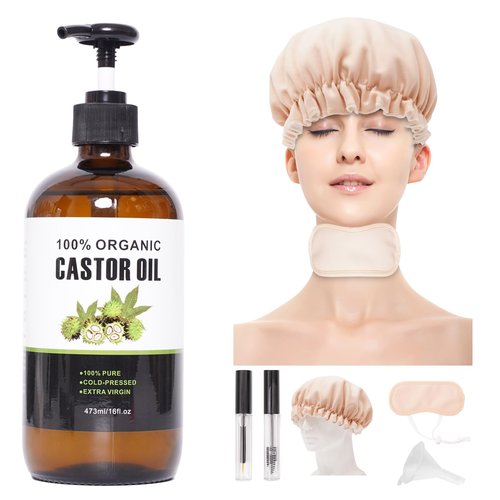 Allcucut Castor Oil Organic(16fl.oz/473ml in Glass Bottle), Growth for Hair Eyelashes Eyebrows, Organic Cotton Castor Oil Pack Wrap for Hair Neck Dark Circles, Gifts for Her Women