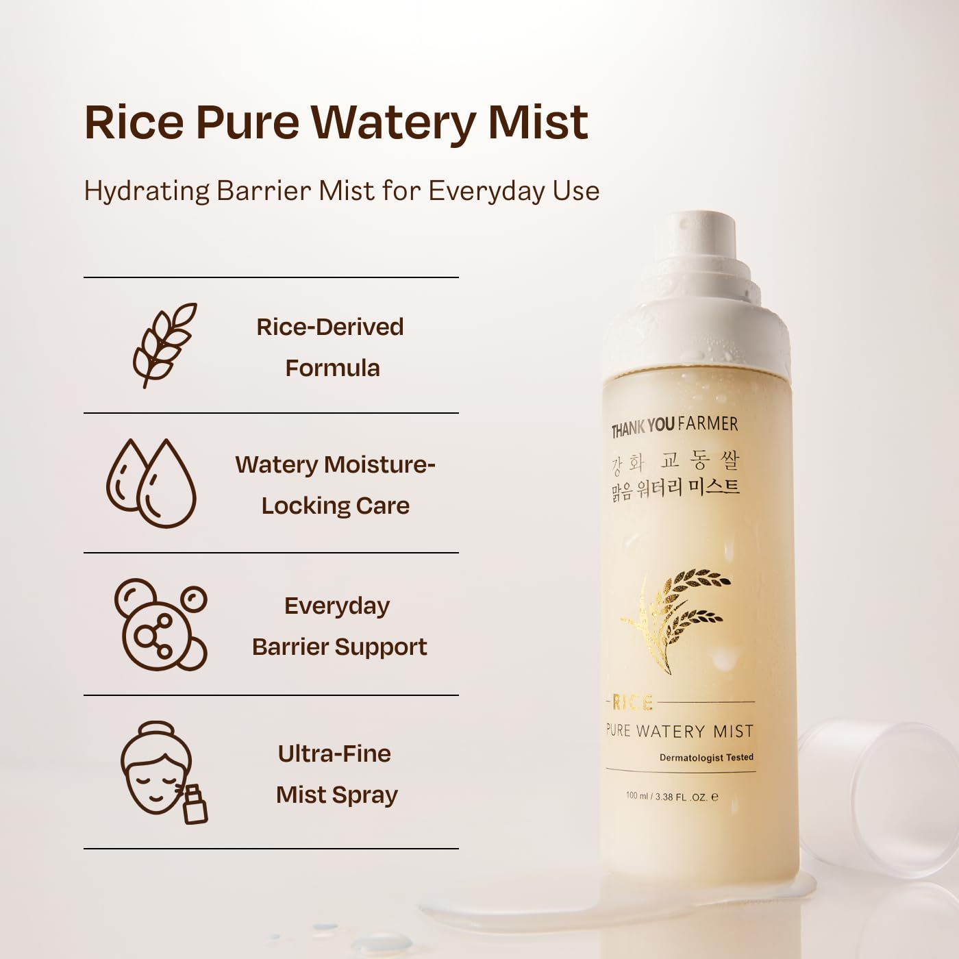 THANKYOU FARMER Rice Pure Watery Mist, Hydrating Face Spray Mist, Skin Barrier Care, Non-Sticky Facial Moisturizer, Ceramide NP Cholesterol & Fatty Acid, Korean On-the-Go Skin Care, Vegan, 3.38 Fl Oz