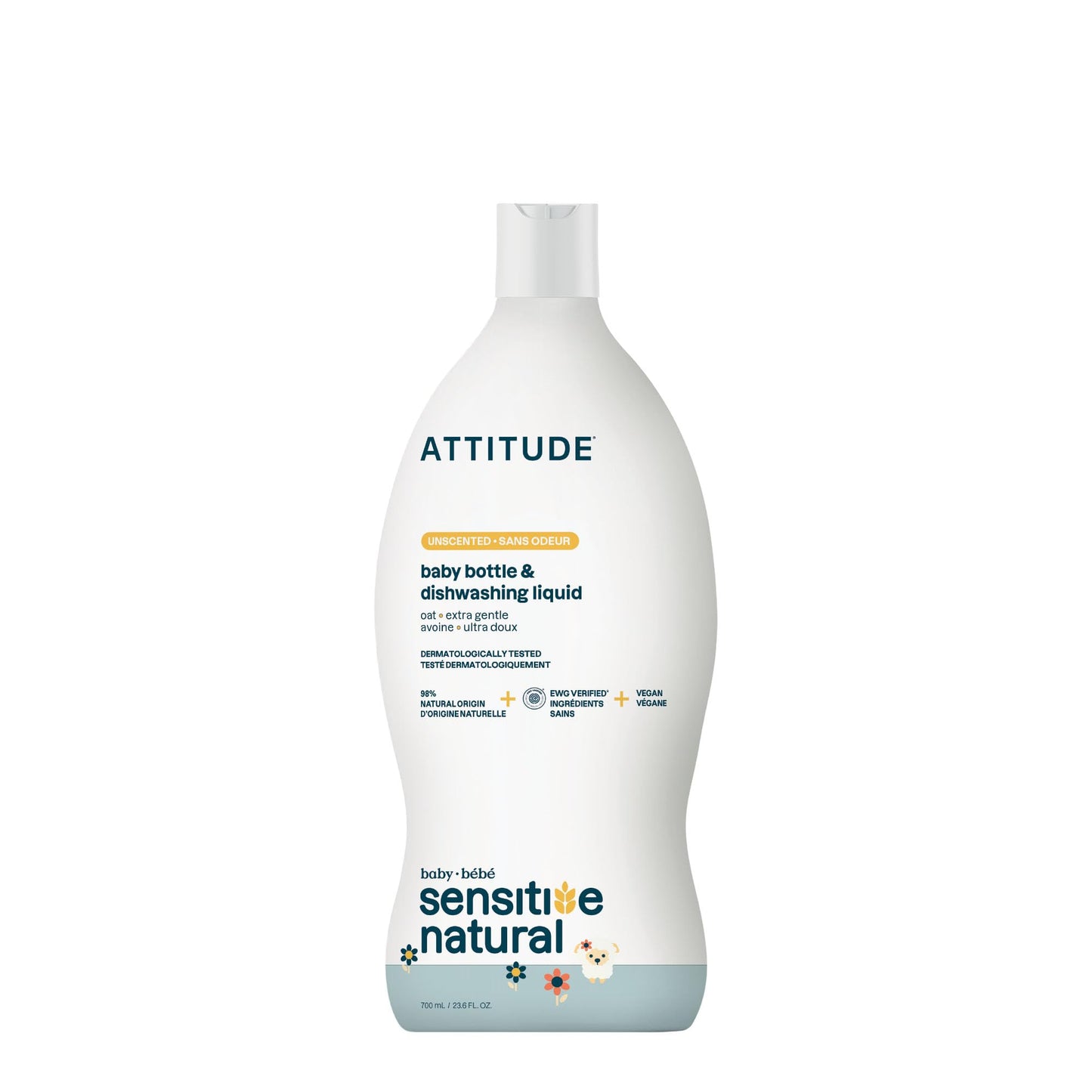 ATTITUDE Baby Bottle & Dish Soap with Oat Extract, EWG Verified Bottle Cleaner For Sensitive Skin, Fragrance Free & Dye Free, Removes Milk Residue & Grease, Vegan, Unscented, 23.7 Fl Oz