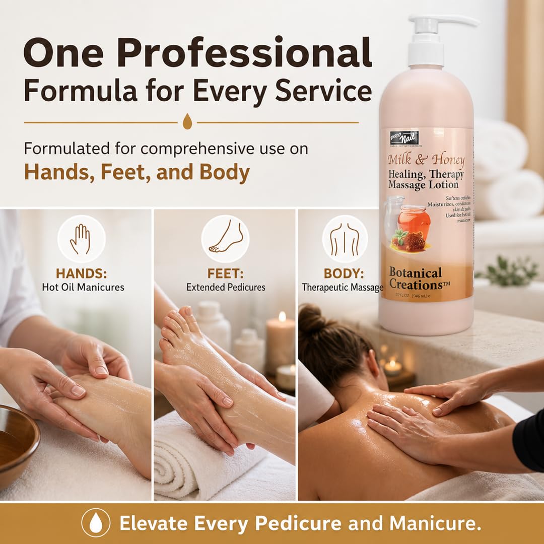 PRO NAIL - Healing Therapy Massage Lotion - Professional Pedicure, Body and Hot Oil Manicure, Infused with Natural Oils, Vitamins, Panthenol and Amino Acids (Milk and Honey, 32 Ounce)