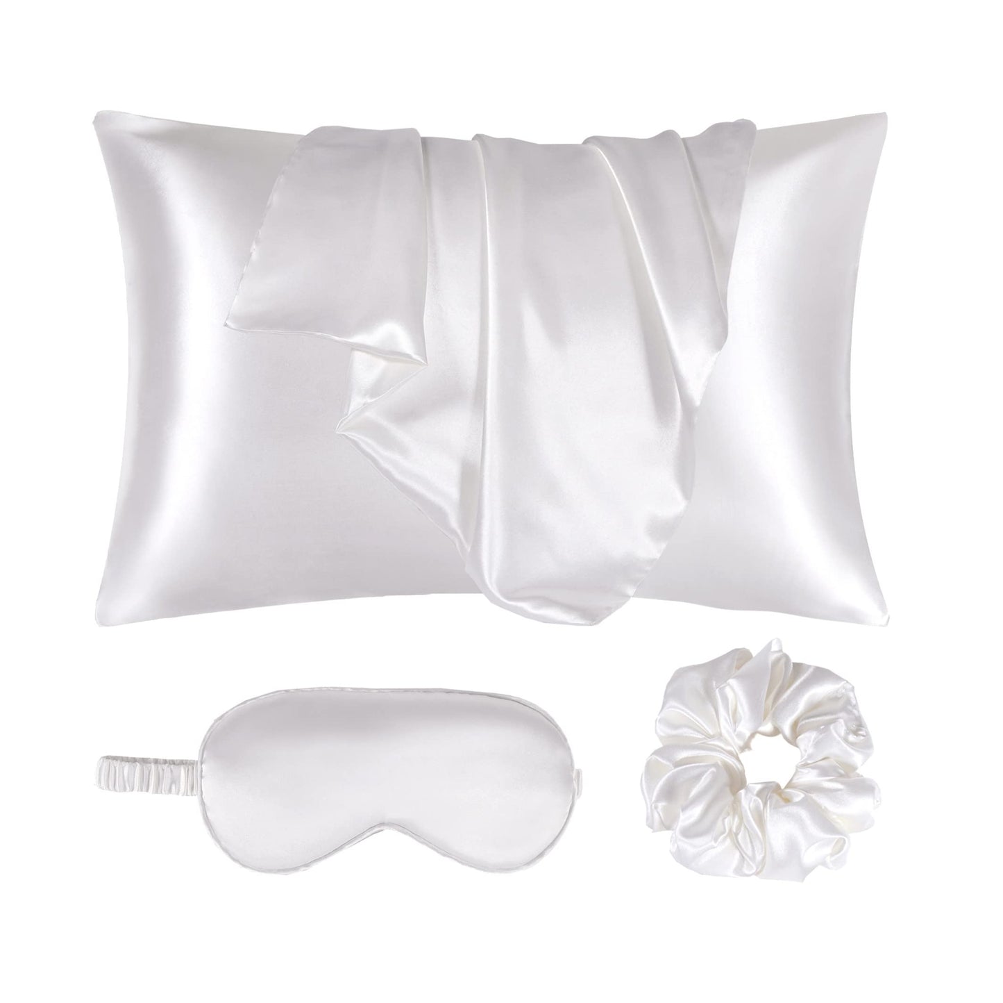 URLINENS Satin Pillowcase for Hair and Skin, Vegan Silk Pillowcase Set-2 Ivory Satin Pillowcases Queen Size, 1 Eye Mask, 1 Scrunchie-Luxury Sleep Set, White Pillow Cases with Envelope Closure
