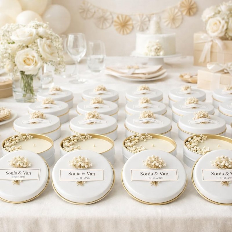 Personalized Soy Wax Candle Favors - Dried Flowers | White Tin Guest Gifts for Weddings & Showers (10-200 Count)