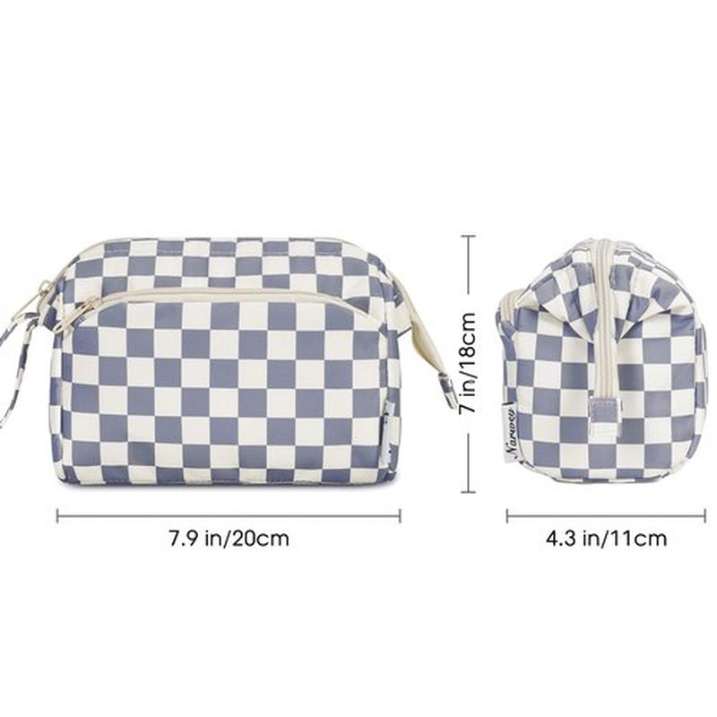 Narwey Checkered Makeup Bag Women Wide-open Make up Bag Travel Cosmetic Bag Organizer Toiletry Bag for Cosmetics Toiletries Accessories (Greyish Blue Checkerboard)