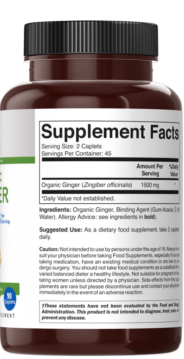 Brieofood Organic Ginger 1500mg, 45 Servings, Vegetarian, Gluten Free, 90 Vegetarian Tablets