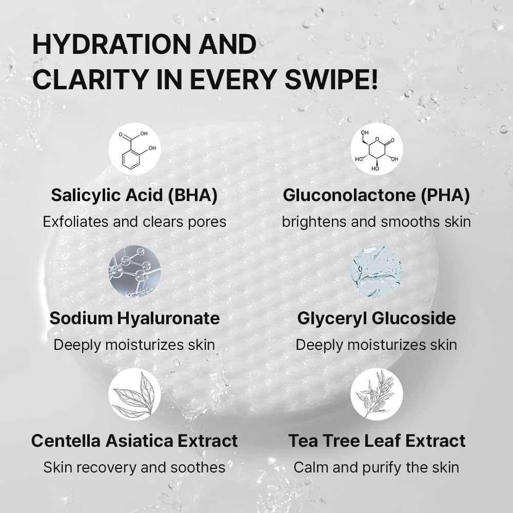 Needly Daily Toner Pad, Exfoliating Facial Pads with BHA & PHA, Deep Hydration, Pore Minimizer for Face, Centella, Tea Tree, High Volume Essence, Extra Large Cotton Pad, Korean Skin Care (60 Pads)