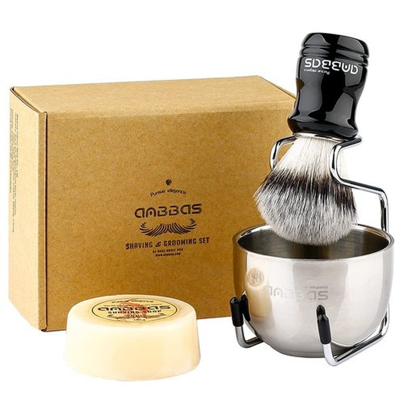 Anbbas 4in1 Vegan Style Synthetic Badger Hair Shaving Brush, Stainless Steel Shaving Stand Milk Shaving Soap and Bowl Set for Men Close Shave Kit