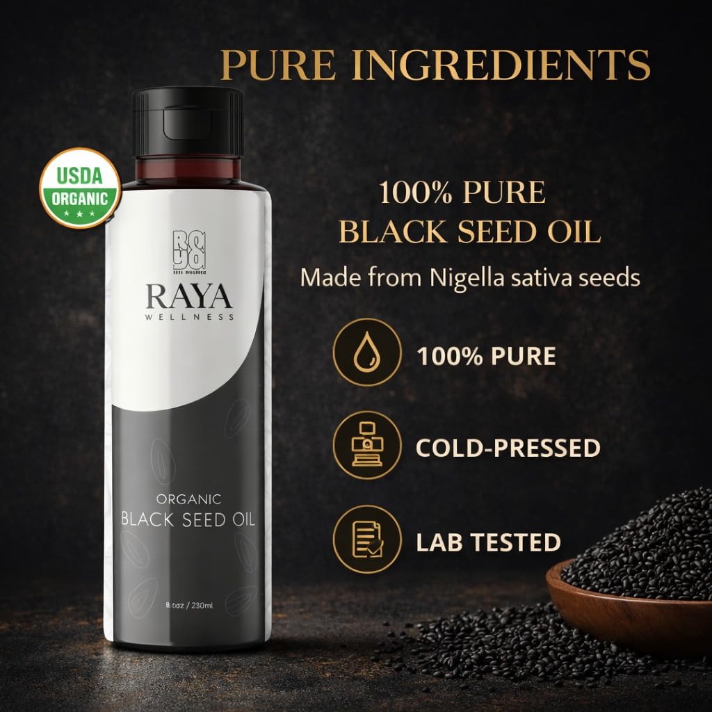 RAYA WELLNESS - USDA Organic Black Seed Oil (Nigella Sativa) - Cold Pressed - Hexane Free - 8 fl oz (237 ml)