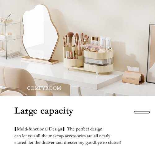 Rotating Makeup Organizer for Vanity with Brush Holder and Drawer, 3 Layer Cosmetic Makeup Storage, Large Makeup Skincare Organizer, Countertop Makeup Perfume Organizer, Lotions Display Case (Ivory)