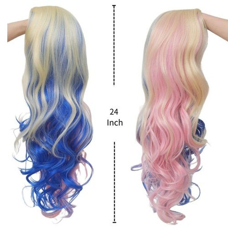 Amnenl Long Curly Wavy Blonde Pink Blue Ombre Wig for Women Realistic Synthetic Cosplay Halloween Hair Wigs