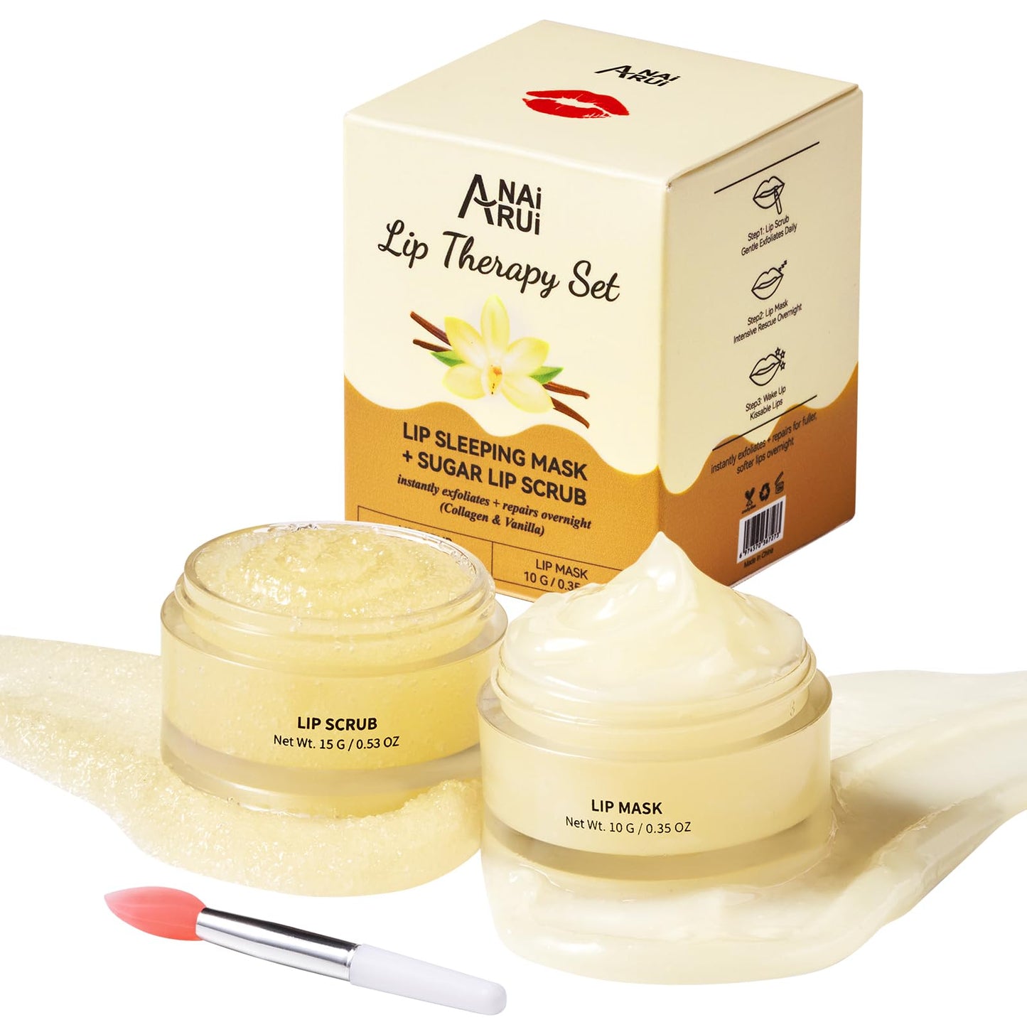 ANAI RUI Lip Mask and Scrub Set, Lip Sleeping Mask & Lip Exfoliator Scrub for Exfoliating, Lip Overnight Treatment, Lip Care Gift Kits for Dry, Chapped & Dark Lips, Holiday Gifts For Girls, Vanilla
