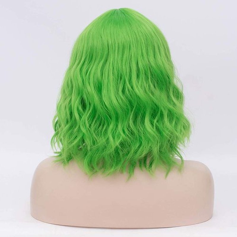 BUFASHION 14" Women Short Wavy Curly Wig Green Bob Wig Cosplay Halloween Synthetic Wigs with Side Bang Wig(Green)