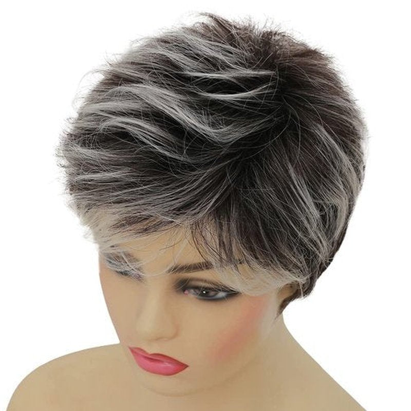 Kaneles Short Grey Pixie Cut Wigs for Women Layered Soft Fluffy Old Lady Synthetic Wigs for Daily Party Costume Use（Gray Mix Brown）