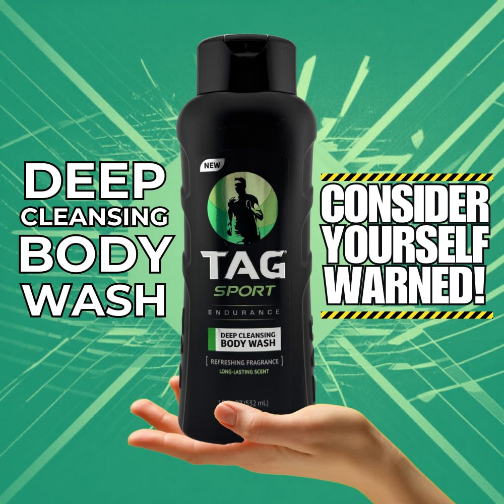 TAG Mens Body Wash, Refreshing Shower Gel, with Deep Cleansing, Long Lasting Fearless Scent, Revitalizing Body Wash Formula for Active Men; 3-Pack (18 Fl Oz Each) (Endurance)