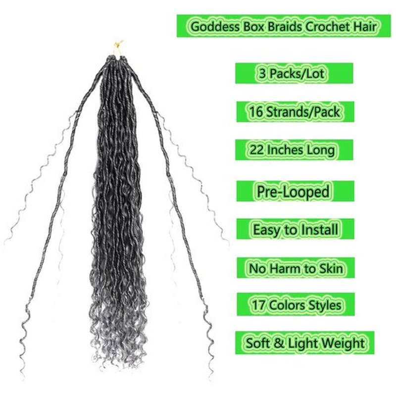 BALINGHAIR Goddess Locs Crochet Hair Ombre Black to Gray 22 Inch 3 Packs Bohemian Faux Locs Crochet Hair With Curly Ends Pre Looped Hair Extensions 16 Roots/Pack(1B/Gray)