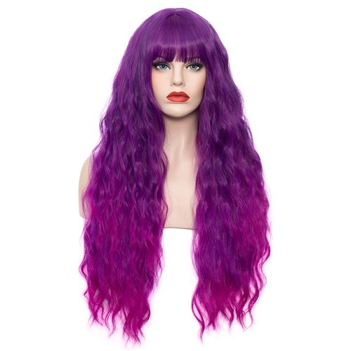 WGPFWIG Women's Bright Purple Ombre Wig 27 Inches Long Curly Wavy Hair Wig Heat Resistant Fibers Synthetic Wig For Women Girl Cosplay Party Halloween Wig Cap Included (Bright Purple Ombre)