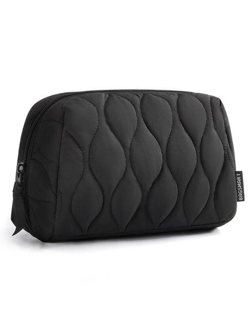 BAGSMART Makeup Bag, Travel Cosmetic Bag, Puffy Padded Make Up Bag for Women, Makeup Organizer Case, Wide-open Pouch Purse, Travel Essentials, Toiletries Accessories Brushes, Black