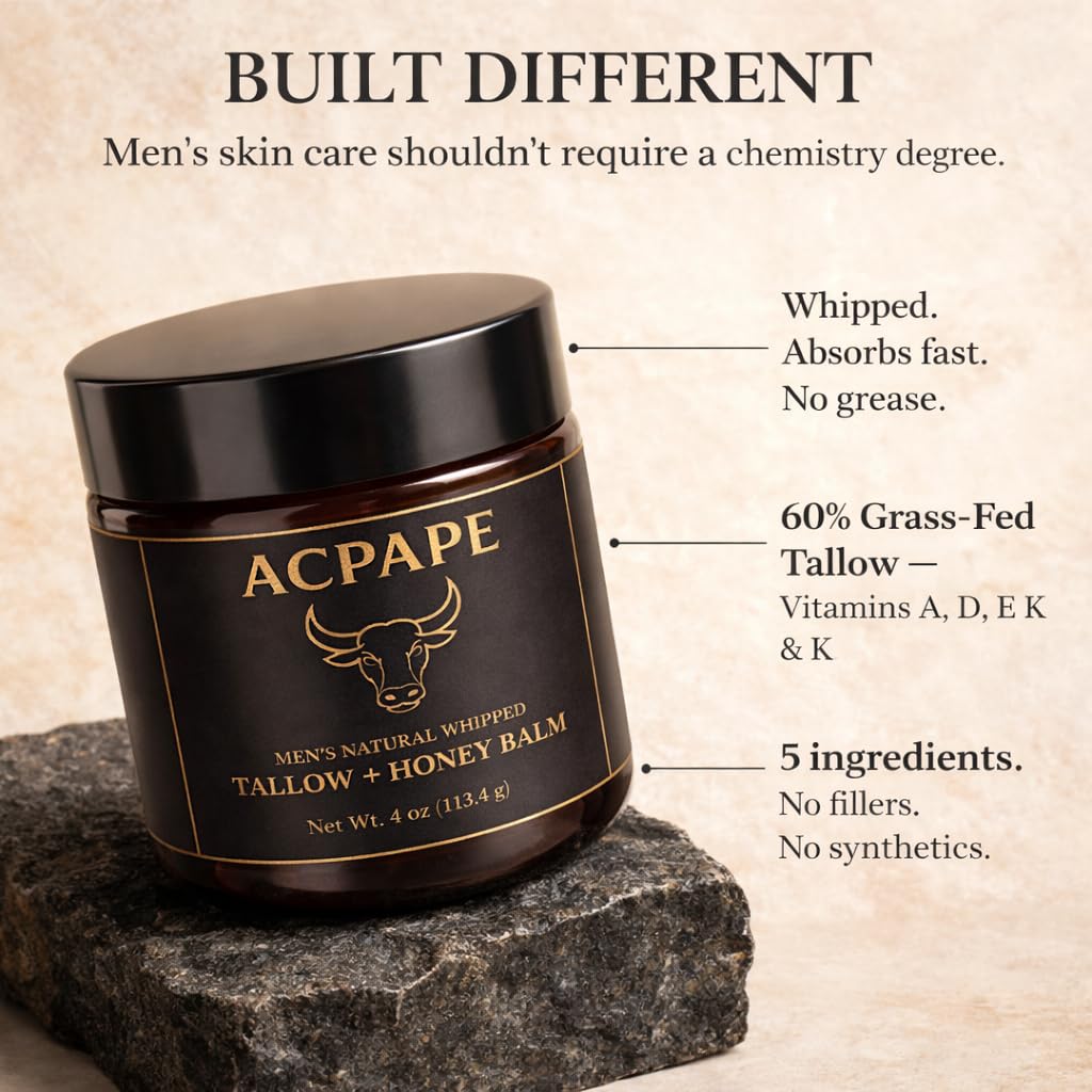 Acpape Beef Tallow for Skin — Men's Natural Whipped Tallow and Honey Balm | Grass-Fed Beef Tallow Face & Body Moisturizer for Men | Tallow Balm with Jojoba Oil, Olive Oil, Beeswax & Raw Honey | 4 oz