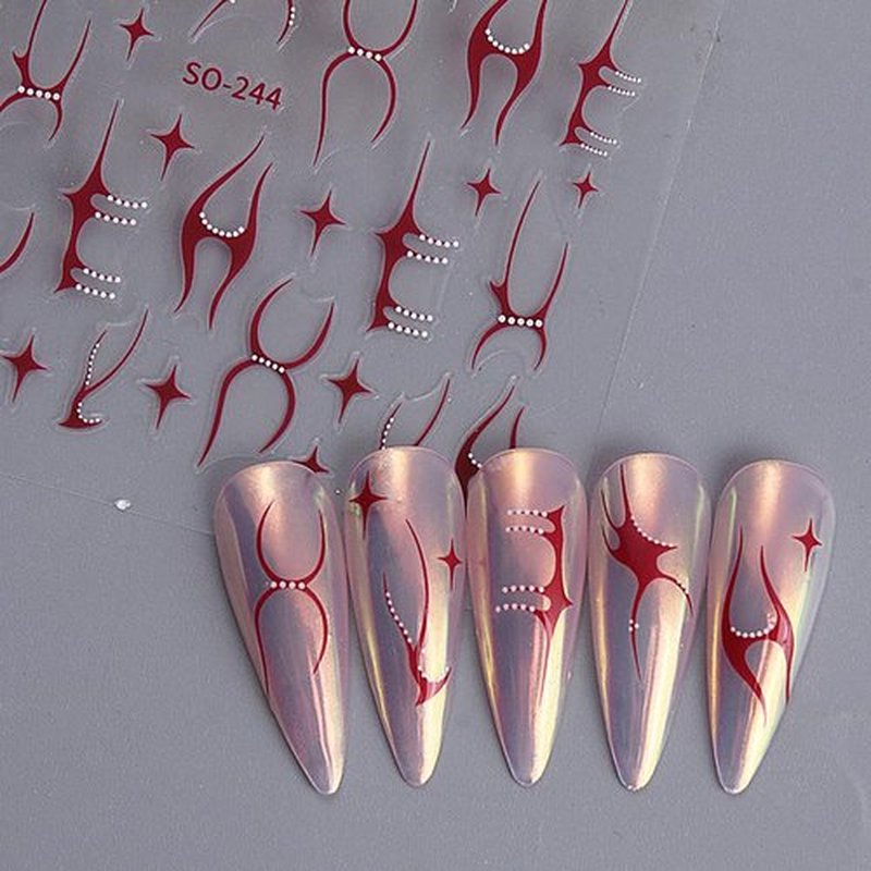 Metallic Line Nail Stickers Flame Nail Decals 3D Self-Adhesive Sticker for Nails 4PCS Silver Red Black Gold Line Designs Y2K Nail Art Stickers for Women Acrylic French Nail Supplies Decorations DIY