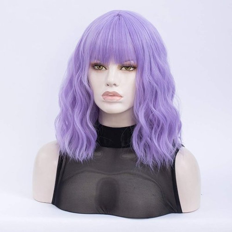 QACCF Purple Wig with Bang Short Wavy Shoulder Length Full Bang Pelucas Women Bob Purple Lavender Wig (Lavender)