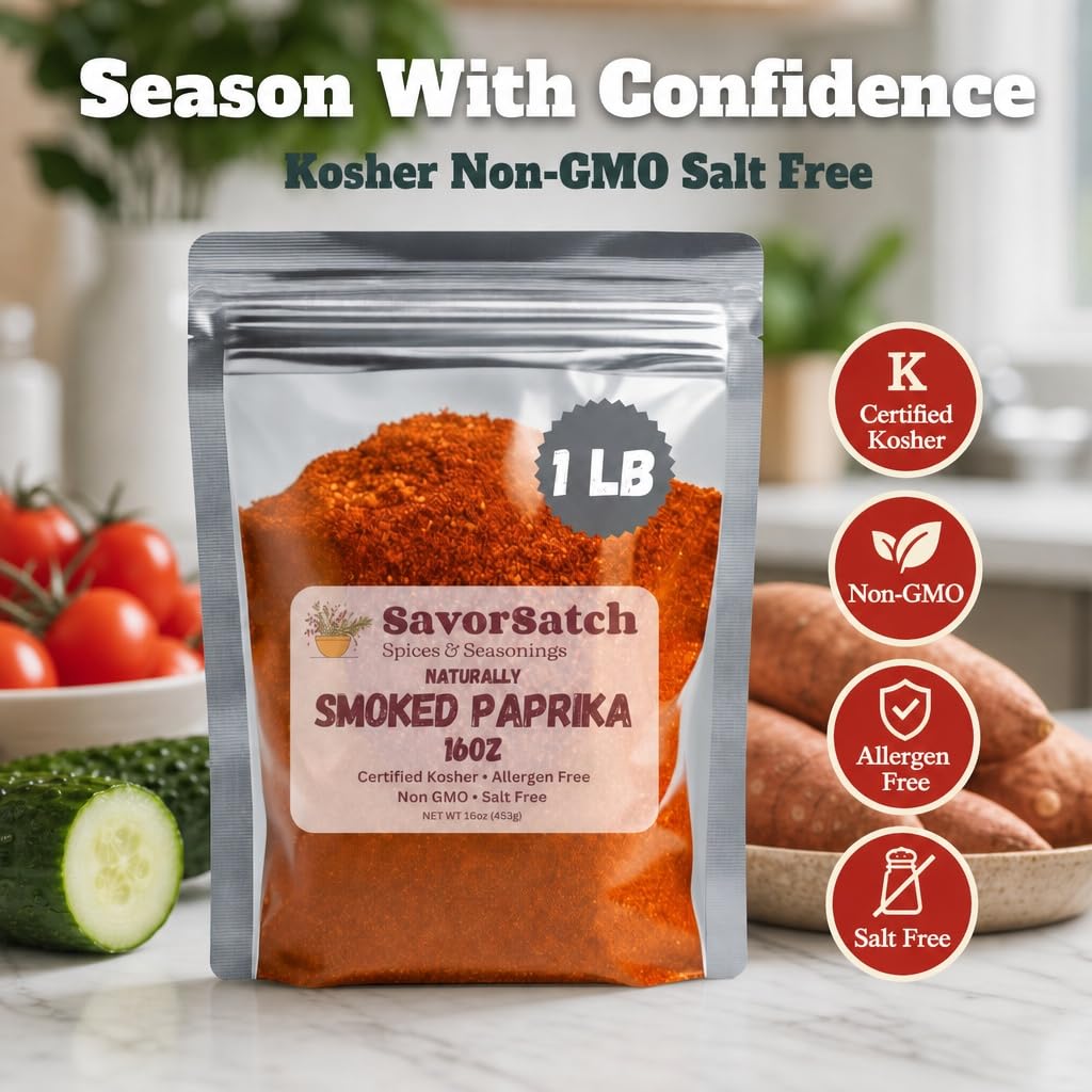 SavorSatch Smoked Paprika - Naturally Smoked Sweet Paprika, Certified Kosher, 16 Ounce (1 Pound) Resealable Pouch | Bulk Spice for Cooking, Seasoning, and Grilling