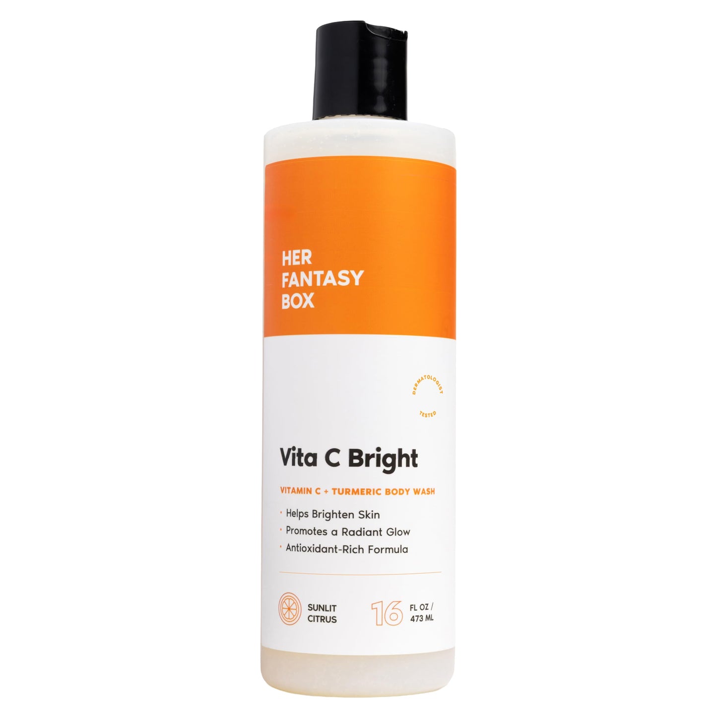 Her Fantasy Box | Vita C Bright Turmeric Body Wash – Antioxidant‐Rich Citrus Cleanser with Vitamin C & Turmeric for Radiant, Even-Looking Skin, Moisturizing Vegan Formula (16 oz)