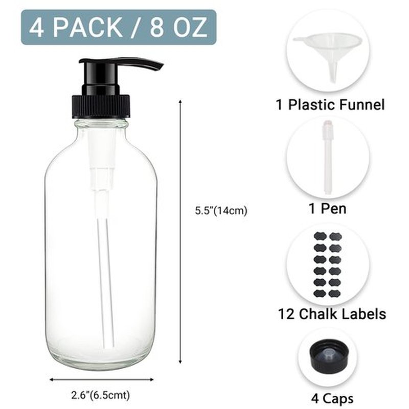BPFY 4 Pack 8 oz Clear Glass Pump Bottles, Boston Round Bottles with Pumps for Lotion, Soap, Lotions, Massage Oils, Refillable Containers with Cap, Funnel, 12 Chalk Labels, 1 Pen