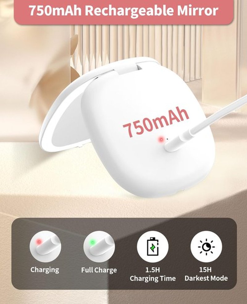 wobsion Travel Mirror with Light, Rechargeable 1x/10x Compact Magnifying Mirror, Dimmable Pocket Mirror,Handheld 2-Side Mirror with Light,4inch Travel Size,Portable for Handbag,Purse,Gift,White