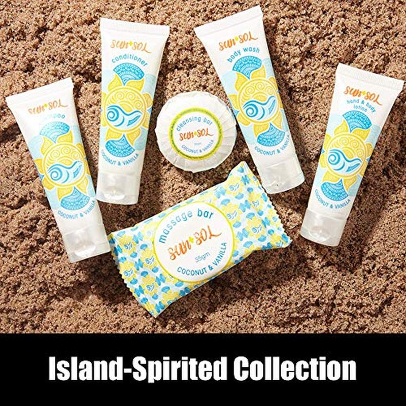 World Amenities Sun + Sol Bulk Moisturizing Massage Bar with Warm Coconut & Vanilla Fragrances, Sachet Wrapped Travel Size Toiletries, Mini Hotel Amenities, 1.23 oz, 100 Count