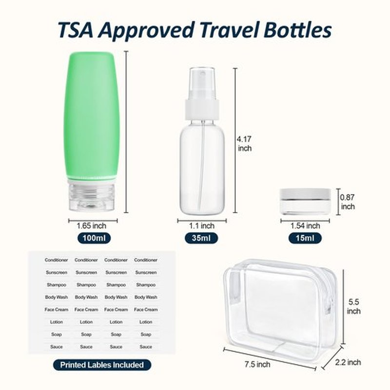 PACKISM TSA Approved Toiletry Bag with Bottles - Travel Accessories 8 Pack Leakproof 3.4oz Silicone Travel Bottles for Toiletries, Shampoo Conditioner Lotion Body Wash BPA Free, White