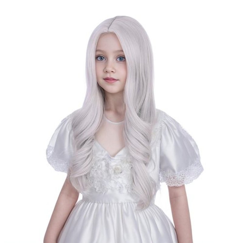 Ufindcos Silver Gray Wig for Kids Long Grey Wig Long Wavy Curly Child Wig Silver Wig for Girls Middle Part 22 inches Natural Synthetic Wig (Silver Gray)